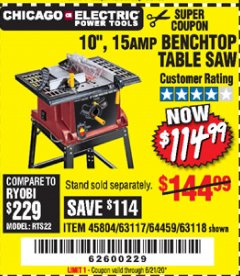 Harbor Freight Coupon 10", 15 AMP BENCHTOP TABLE SAW Lot No. 45804/63117/64459/63118 Expired: 6/21/20 - $114.99