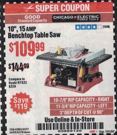 Harbor Freight Coupon 10", 15 AMP BENCHTOP TABLE SAW Lot No. 45804/63117/64459/63118 Expired: 7/31/20 - $109.99