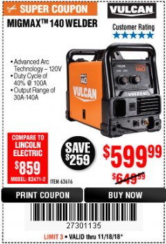 Harbor Freight Coupon VULCAN MIGMAX 140 WELDER WITH 120 VOLT INPUT Lot No. 63616 Expired: 11/18/18 - $599.99