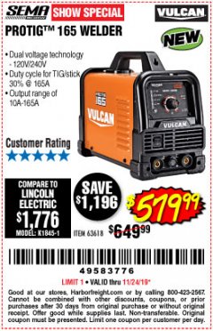Harbor Freight Coupon VULCAN PROTIG 165 WELDER WITH 120/240 VOLT INPUT Lot No. 63618 Expired: 11/24/19 - $579.99