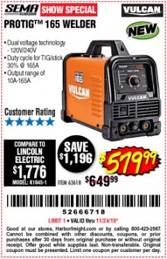 Harbor Freight Coupon VULCAN PROTIG 165 WELDER WITH 120/240 VOLT INPUT Lot No. 63618 Expired: 11/24/19 - $579.99