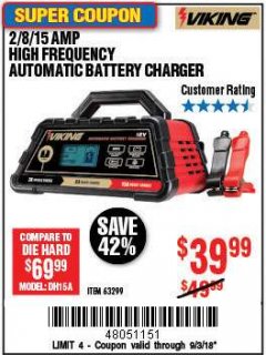 Harbor Freight Coupon 2/8/15 AMP FULLY AUTOMATIC BATTERY CHARGER Lot No. 63299 Expired: 9/3/18 - $39.99