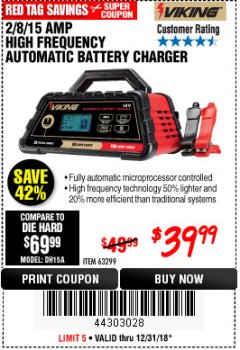 Harbor Freight Coupon 2/8/15 AMP FULLY AUTOMATIC BATTERY CHARGER Lot No. 63299 Expired: 12/31/18 - $39.99