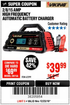 Harbor Freight Coupon 2/8/15 AMP FULLY AUTOMATIC BATTERY CHARGER Lot No. 63299 Expired: 12/23/18 - $39.99