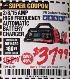 Harbor Freight Coupon 2/8/15 AMP FULLY AUTOMATIC BATTERY CHARGER Lot No. 63299 Expired: 1/31/19 - $37.99