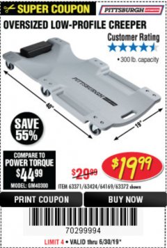 Harbor Freight Coupon OVERSIZED LOW-PROFILE CREEPER Lot No. 63371/63424/64169/63372 Expired: 6/30/19 - $19.99