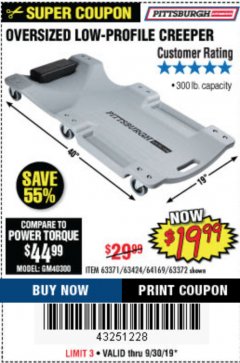 Harbor Freight Coupon OVERSIZED LOW-PROFILE CREEPER Lot No. 63371/63424/64169/63372 Expired: 9/30/19 - $19.99