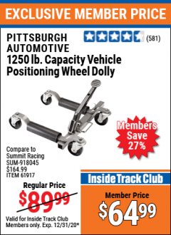 Harbor Freight ITC Coupon 1250 LB. VEHICLE POSITIONING DOLLY Lot No. 62234/61917 Expired: 12/31/20 - $64.99