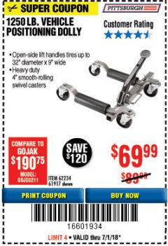 Harbor Freight Coupon 1250 LB. VEHICLE POSITIONING DOLLY Lot No. 62234/61917 Expired: 7/1/18 - $69.99