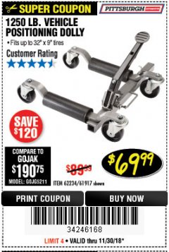 Harbor Freight Coupon 1250 LB. VEHICLE POSITIONING DOLLY Lot No. 62234/61917 Expired: 11/30/18 - $69.99