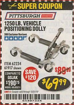 Harbor Freight Coupon 1250 LB. VEHICLE POSITIONING DOLLY Lot No. 62234/61917 Expired: 12/31/18 - $69.99