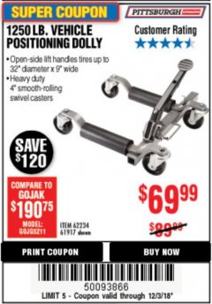 Harbor Freight Coupon 1250 LB. VEHICLE POSITIONING DOLLY Lot No. 62234/61917 Expired: 12/3/18 - $69.99