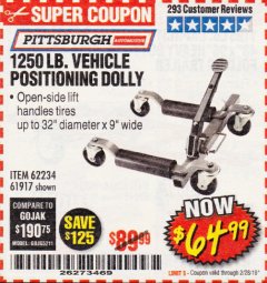 Harbor Freight Coupon 1250 LB. VEHICLE POSITIONING DOLLY Lot No. 62234/61917 Expired: 2/28/19 - $64.99