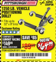 Harbor Freight Coupon 1250 LB. VEHICLE POSITIONING DOLLY Lot No. 62234/61917 Expired: 10/14/19 - $64.99