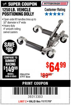 Harbor Freight Coupon 1250 LB. VEHICLE POSITIONING DOLLY Lot No. 62234/61917 Expired: 11/17/19 - $64.99