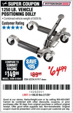 Harbor Freight Coupon 1250 LB. VEHICLE POSITIONING DOLLY Lot No. 62234/61917 Expired: 2/7/20 - $64.99