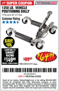 Harbor Freight Coupon 1250 LB. VEHICLE POSITIONING DOLLY Lot No. 62234/61917 Expired: 2/29/20 - $64.99