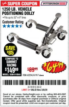 Harbor Freight Coupon 1250 LB. VEHICLE POSITIONING DOLLY Lot No. 62234/61917 Expired: 2/8/20 - $64.99