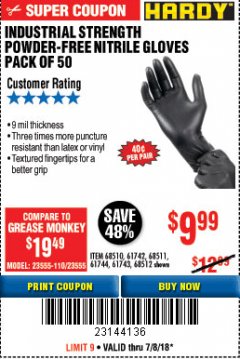Harbor Freight Coupon INDUSTRIAL STRENGTH POWDER-FREE NITRILE GLOVES PACK OF 50 Lot No. 68510 Expired: 7/8/18 - $9.99