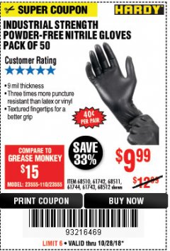 Harbor Freight Coupon INDUSTRIAL STRENGTH POWDER-FREE NITRILE GLOVES PACK OF 50 Lot No. 68510 Expired: 10/28/18 - $9.99