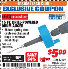 Harbor Freight ITC Coupon 15 FT. DRILL-POWERED DRUM AUGER Lot No. 57201 Expired: 6/30/20 - $5.99