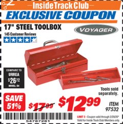 Harbor Freight ITC Coupon 17" STEEL TOOLBOX Lot No. 97532 Expired: 2/29/20 - $12.99