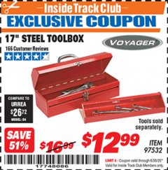 Harbor Freight ITC Coupon 17" STEEL TOOLBOX Lot No. 97532 Expired: 6/30/20 - $12.99