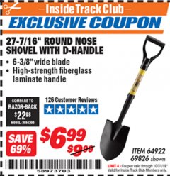 Harbor Freight ITC Coupon 27-7/16" ROUND NOSE SHOVEL WITH D-HANDLE Lot No. 64922/69826 Expired: 10/31/19 - $6.99