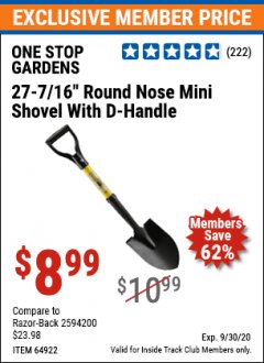 Harbor Freight ITC Coupon 27-7/16" ROUND NOSE SHOVEL WITH D-HANDLE Lot No. 64922/69826 Expired: 9/30/20 - $8.99