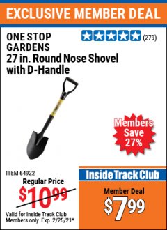 Harbor Freight ITC Coupon 27-7/16" ROUND NOSE SHOVEL WITH D-HANDLE Lot No. 64922/69826 Expired: 2/25/21 - $7.99