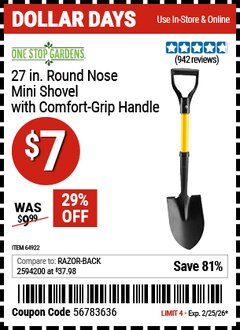 Harbor Freight Coupon ONE STOP GARDENS 27 IN. ROUND NOSE MINI SHOVEL WITH COMFORT GRIP HANDLE Lot No. 64922/69826 Valid Thru: 2/25/26 - $7