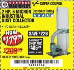 Harbor Freight Coupon 2 HP INDUSTRIAL 5 MICRON DUST COLLECTOR Lot No. 97869/61790 Expired: 9/3/19 - $179.99
