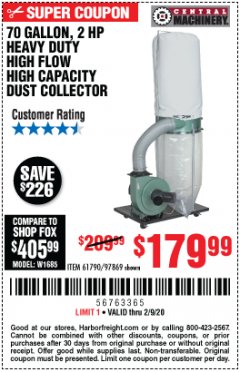Harbor Freight Coupon 2 HP INDUSTRIAL 5 MICRON DUST COLLECTOR Lot No. 97869/61790 Expired: 2/9/20 - $179.99