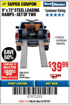 Harbor Freight Coupon 9" x 72", 2 PIECE STEEL LOADING RAMPS Lot No. 44649/69591/69646 Expired: 8/19/18 - $39.99
