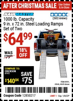 Harbor Freight Coupon 9" x 72", 2 PIECE STEEL LOADING RAMPS Lot No. 44649/69591/69646 Expired: 1/8/23 - $64.99