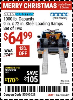 Harbor Freight Coupon 9" x 72", 2 PIECE STEEL LOADING RAMPS Lot No. 44649/69591/69646 Expired: 12/24/23 - $64.99