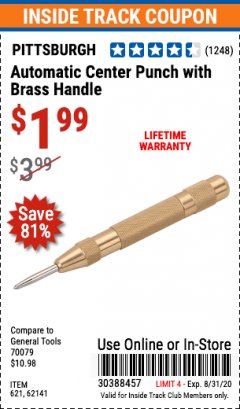 Harbor Freight ITC Coupon AUTOMATIC CENTER PUNCH WITH BRASS HANDLE Lot No. 621 Expired: 8/31/20 - $1.99