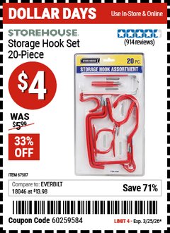 Harbor Freight Coupon STOREHOUSE STORAGE HOOK SET, 20-PIECE Lot No. 67587 EXPIRES: 3/25/26 - $4
