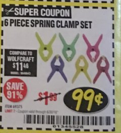 Harbor Freight Coupon 6 PIECE MICRO SPRING CLAMP SET Lot No. 46190/69375 Expired: 6/30/18 - $0.99