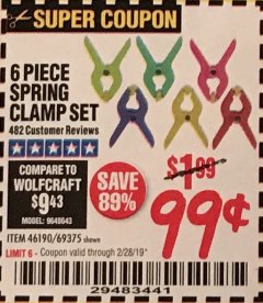 Harbor Freight Coupon 6 PIECE MICRO SPRING CLAMP SET Lot No. 46190/69375 Expired: 1/31/19 - $0.99