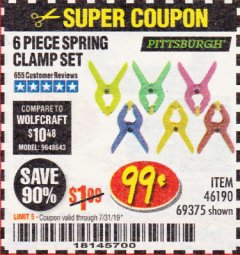 Harbor Freight Coupon 6 PIECE MICRO SPRING CLAMP SET Lot No. 46190/69375 Expired: 7/31/19 - $0.99