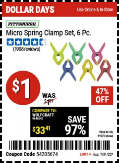 Harbor Freight Coupon 6 PIECE MICRO SPRING CLAMP SET Lot No. 46190/69375 Expired: 7/31/22 - $1