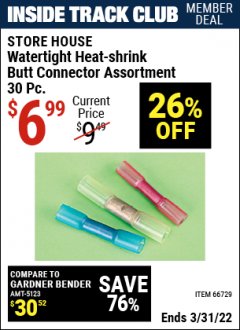 Harbor Freight ITC Coupon 30 PIECE WATERTIGHT HEAT-SHRINK BUTT CONNECTOR ASSORTMENT Lot No. 66729 Expired: 3/31/22 - $6.99