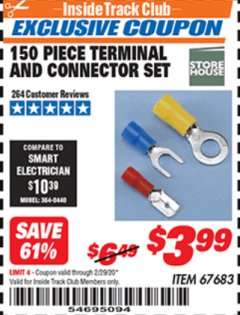 Harbor Freight ITC Coupon 150 PIECE TERMINAL AND CONNECTOR SET Lot No. 67683 Expired: 2/29/20 - $3.99