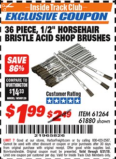 Harbor Freight ITC Coupon 36 PIECE, 1/2" HORSEHAIR BRISTLE ACID SHOP BRUSHES Lot No. 61264 Expired: 8/31/18 - $1.99