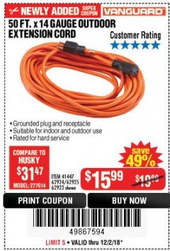 Harbor Freight Coupon 50FT.X14GAUGE OUTDOOR EXTENSION CORD Lot No. 41447/62924/62925 Expired: 12/2/18 - $15.99