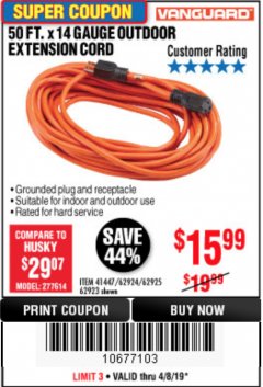 Harbor Freight Coupon 50FT.X14GAUGE OUTDOOR EXTENSION CORD Lot No. 41447/62924/62925 Expired: 4/8/19 - $15.99