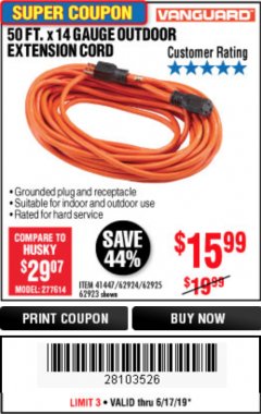 Harbor Freight Coupon 50FT.X14GAUGE OUTDOOR EXTENSION CORD Lot No. 41447/62924/62925 Expired: 6/30/19 - $15.99