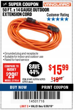 Harbor Freight Coupon 50FT.X14GAUGE OUTDOOR EXTENSION CORD Lot No. 41447/62924/62925 Expired: 6/30/19 - $15.99