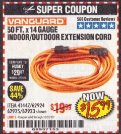 Harbor Freight Coupon 50FT.X14GAUGE OUTDOOR EXTENSION CORD Lot No. 41447/62924/62925 Expired: 10/31/19 - $15.99